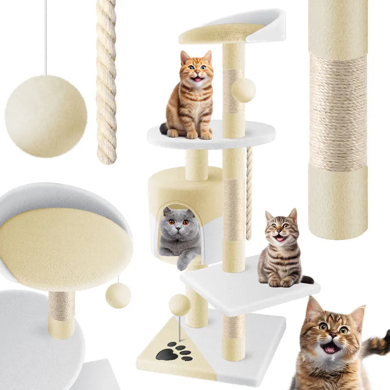 ® Albero tiragraffi per gatti con steli in sisal stabile con grotta palline da gioco play sisal & play rope altezza 112cm beige / bianco