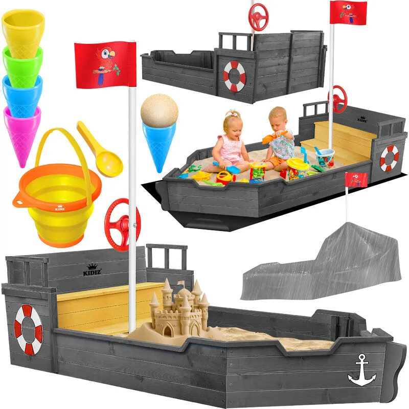 Kidiz - Sandpit Ahoy - Veliero pirata in legno Incl. copertura telo di fondo panchina pennone gioco di sabbia antracite