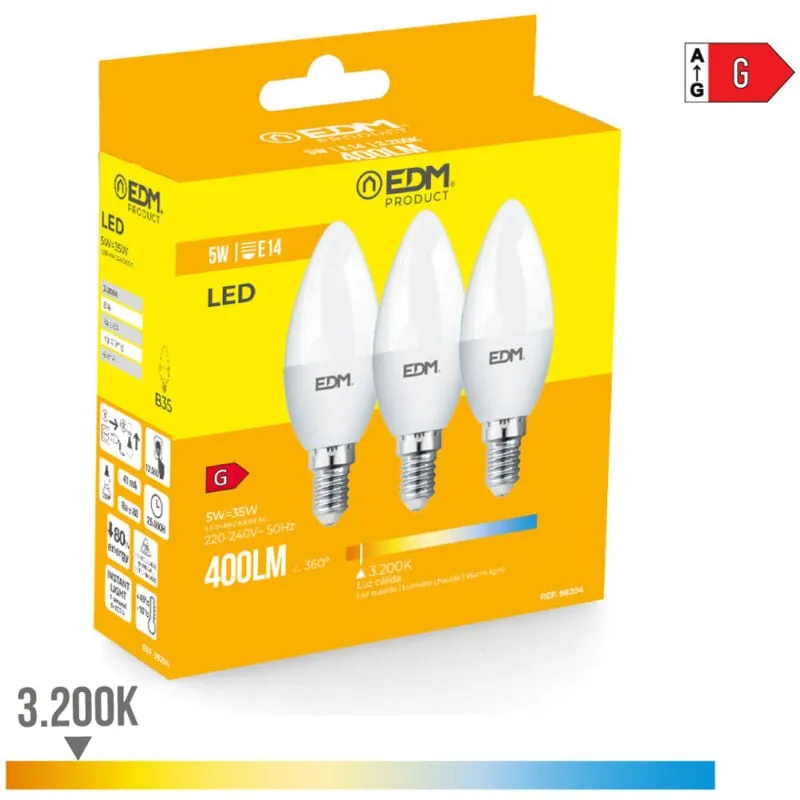 EDM - Set di 3 lampadine led E14 5W Fiamma equivalente a 50W - Bianco caldo 3200K