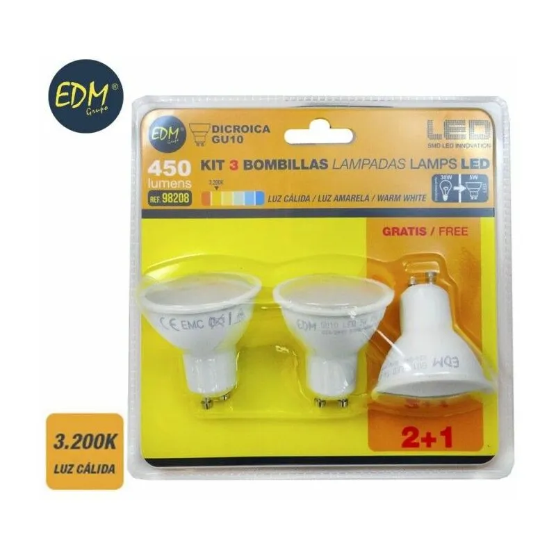  - Kit di 3 Lampadine Dicroiche led GU10 5W 450lm 3200K Luce Calda Ø5x5,5cm