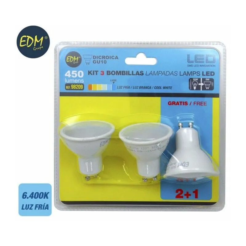 Kit di 3 Lampadine Dicroiche LED  GU10 5W 450lm 6400K Luce Fredda Ø5x5,5cm