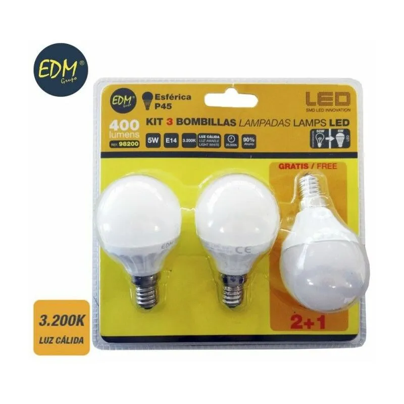  - Kit di 3 Lampadine led Sferiche E14 5W 400lm 3200K Luce Calda Ø4,5x8cm