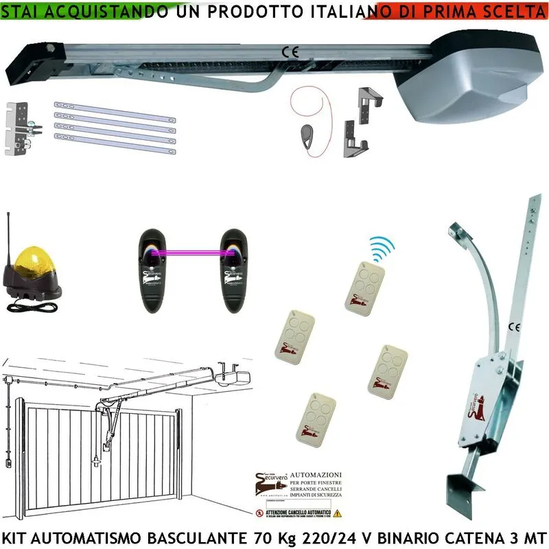 Kit Automazione Motore 220/24 v da Soffitto Per Cler Basculante 70 Kg Faro Antenna 4 Radiocomandi Fotocellule Archetto Binario Alluminio Con Catena