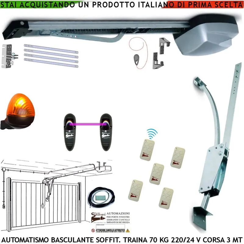 Kit automatismo per porta basculante 70 kg 220/24 v archetto 5 radiocomandi fotocellule faro 24 led sblocco a maniglia