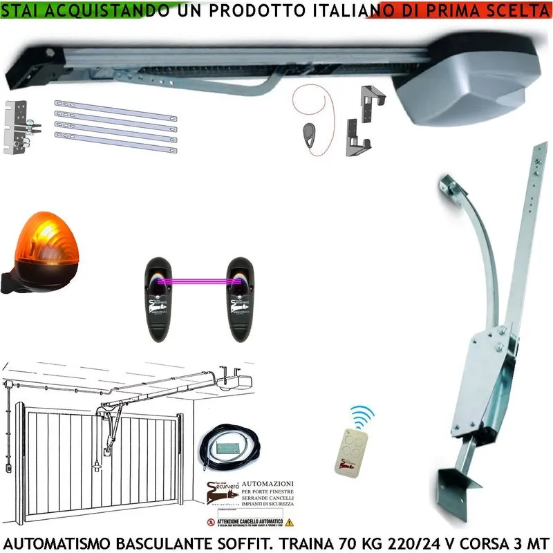 Kit automatismo per porta basculante 70 kg 220/24 v archetto radiocomando fotocellule faro 24 led sblocco a maniglia