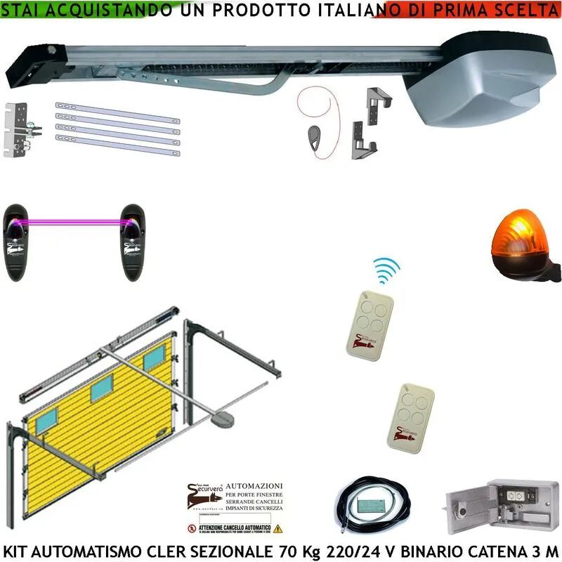 Kit Automazione x Porta Sezionale 70 Kg da Soffitto 220/24 V 2 Radiocomandi Fotocellule Faro a Led Binario Alluminio 3 MT Catena 5,5 MT Sistema