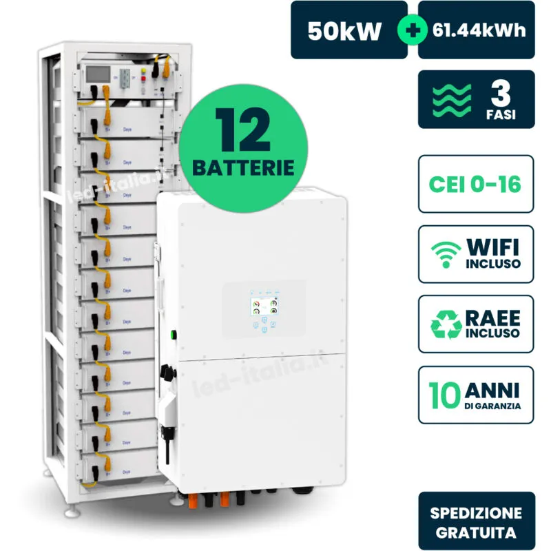 Kit Fotovoltaico con Inverter Trifase Ibrido 50kW e Accumulo lfp 61.44 kWh - V-tac