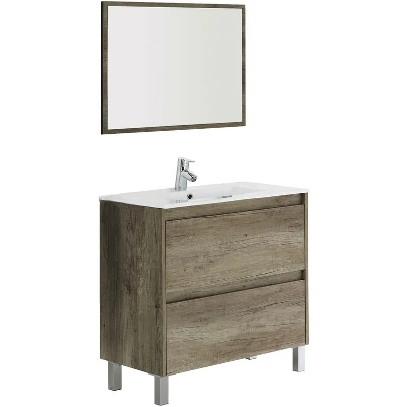 Altri - Mobile sottolavabo, Mobiletto sospeso con 2 cassetti, Armadio per bagno con specchio, Lavabo escluso, cm 80x45h80, Quercia