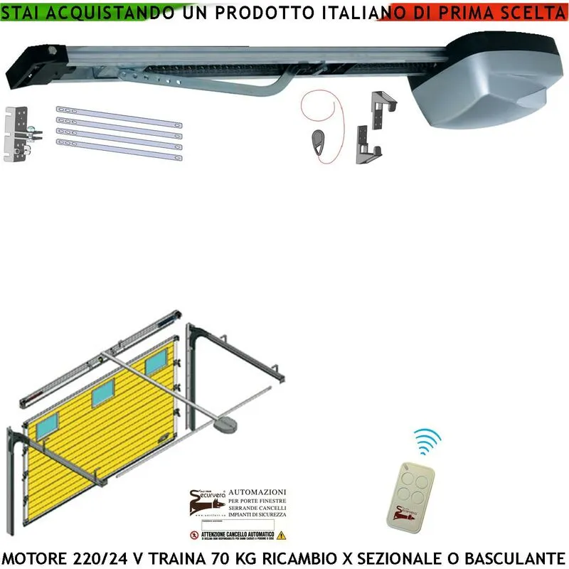 Kit Motore 220/24 v da Soffitto Ricambio x Porta Cler Basculante o Sezionale 70 Kg Automatica Radiocomando Binario 3 mt Alluminio Estruso Sistema