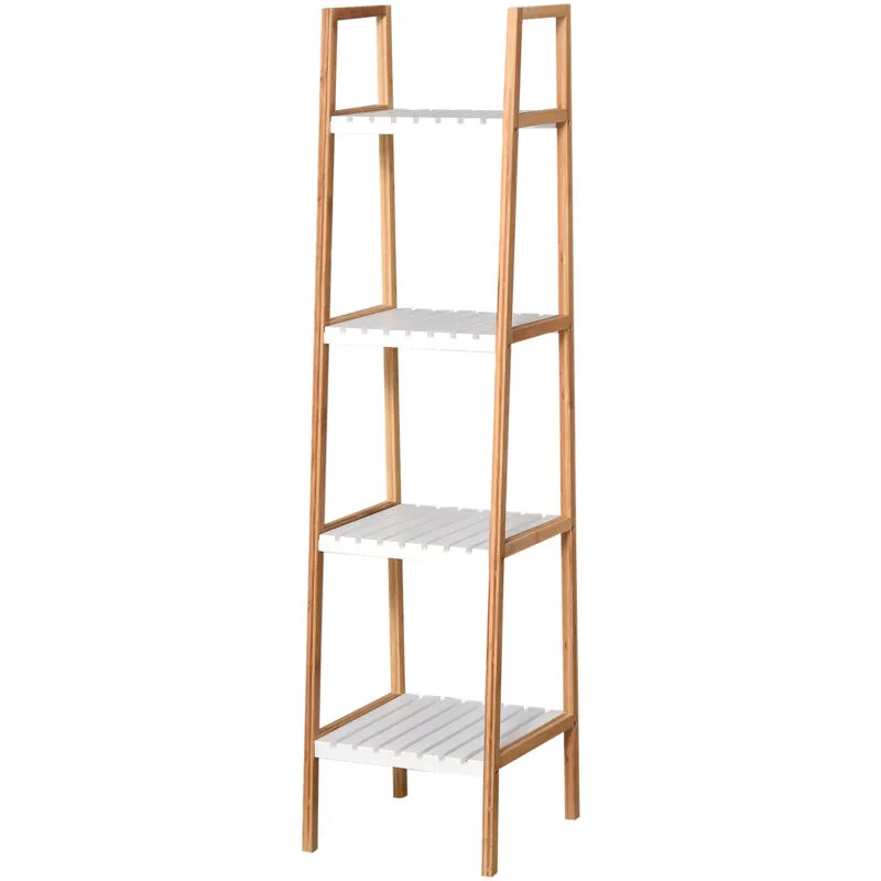 Scaffale Bagno Scaletta 4 Mensole in Bambù 35x36x138.5cm Bianco e Legno - Kleankin