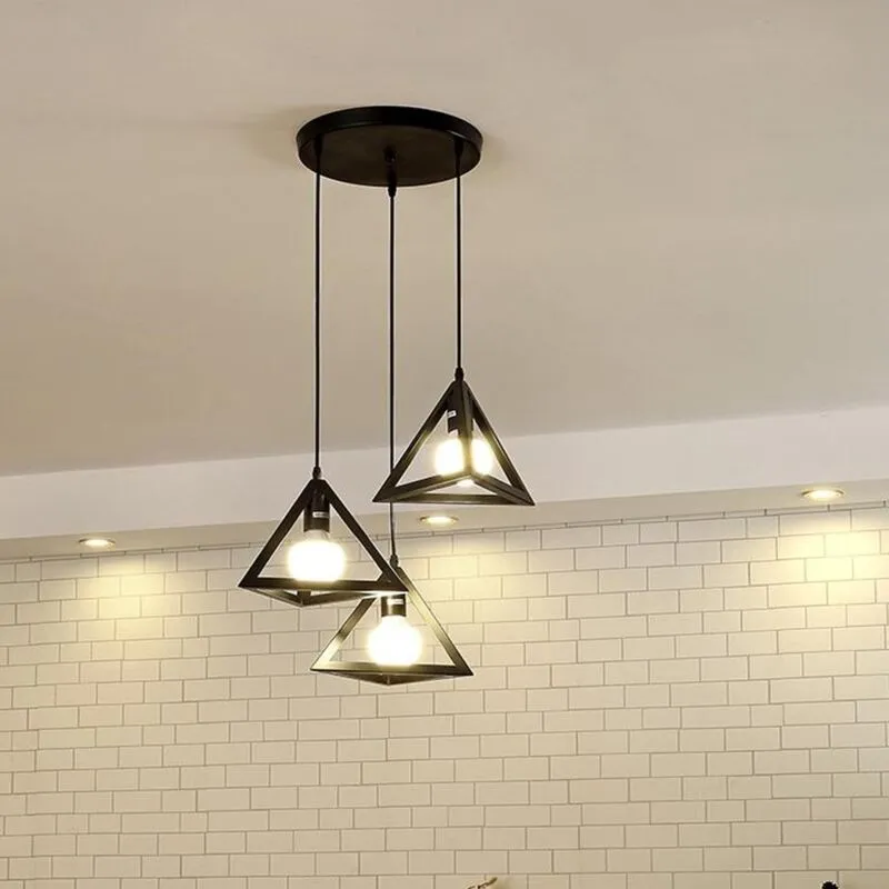 Axhup - Lampada a Sospensione, 3 Luci Creativo Lampada da Soffitto in Ferro, Illuminazione con Triangolo Gabbia per Cucina Sala da Pranzo (Nero)