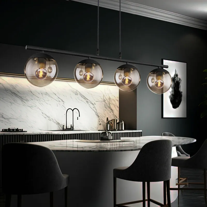 Lampada da soffitto con design a sfera a pendolo a filamento di vetro fumé nero opaco in un set di lampadine a LED