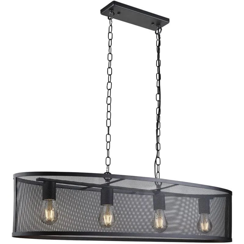 Lampadario Industrial-Nordico Rete Acciaio Nero 4 Luci E27