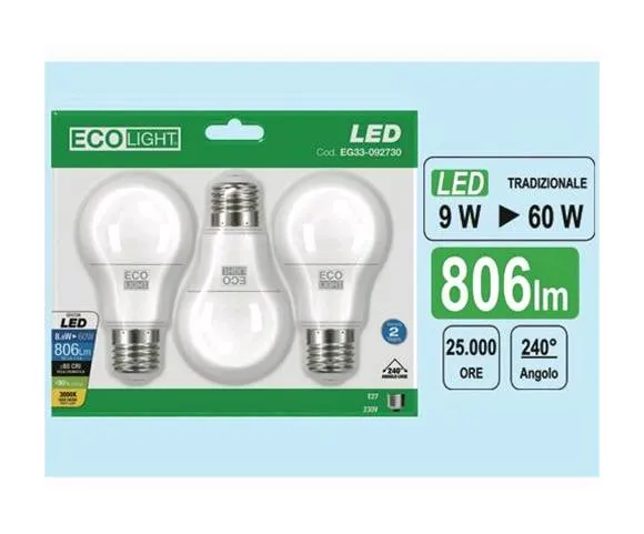 Ecolight Lampada led 9W confezione 3 pezzi e27 3000K Luce Calda