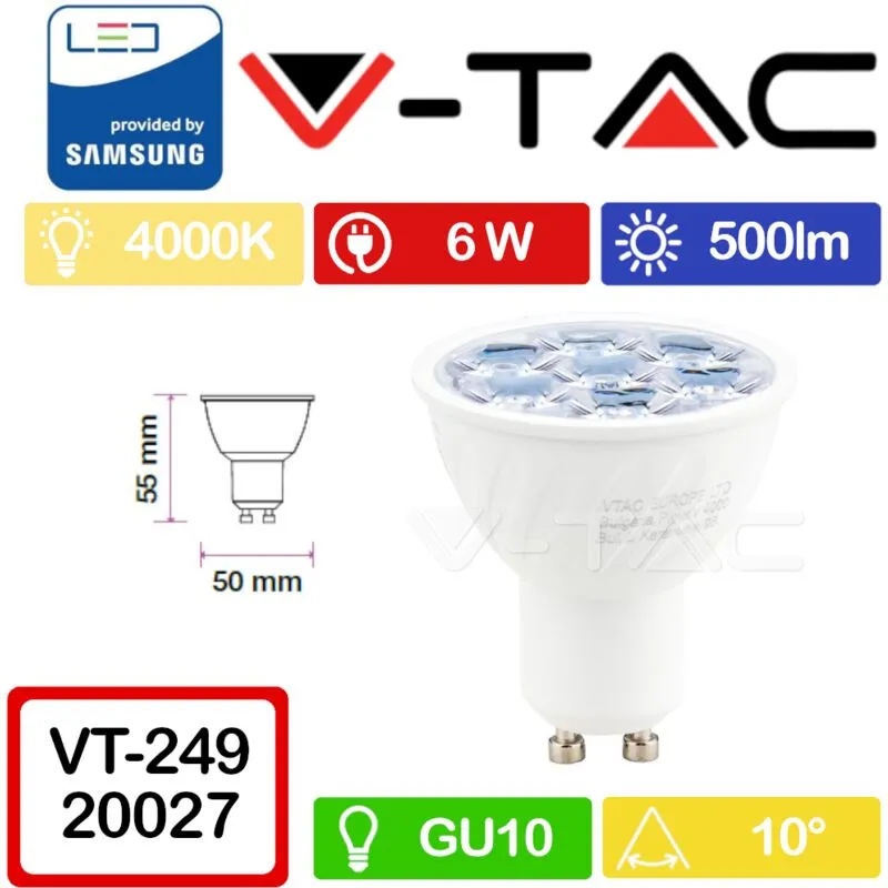 Pro VT-249 Faretto led GU10 con Chip Samsung 6W 10° Bianco naturale - 4000K - V-tac