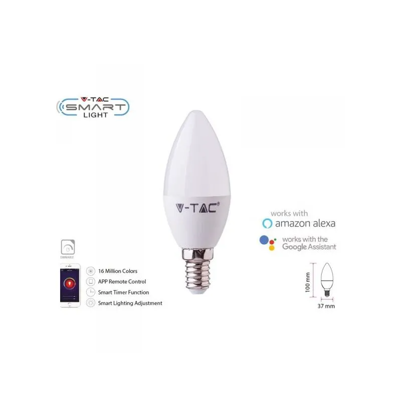 Smart Lampada Led Candela E14 C37 4,5W WiFi rgb cct Dimmerabile app Compatible Amazon Alexa Google Home SKU-2754 - V-tac