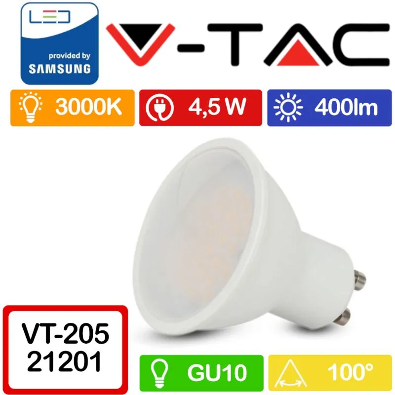  PRO VT-205 Faretto LED GU10 con Chip Samsung 4,5W 100° Copertura Satinata Bianco caldo - 3000K