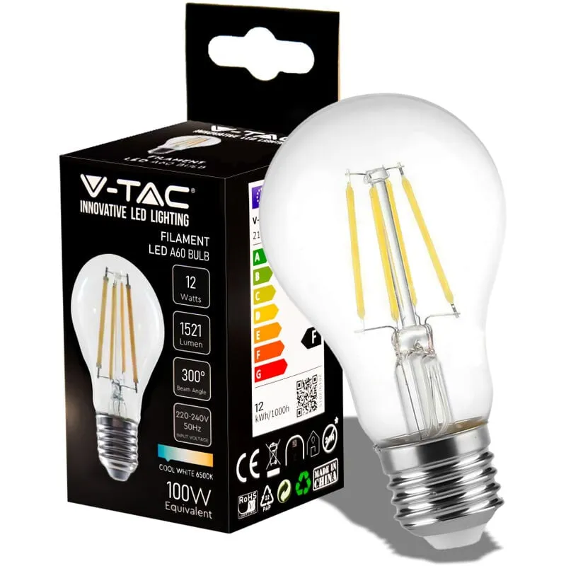 V-tac - Lampadina led E27 12W 125LM/W A70 Filamento Bianco Freddo