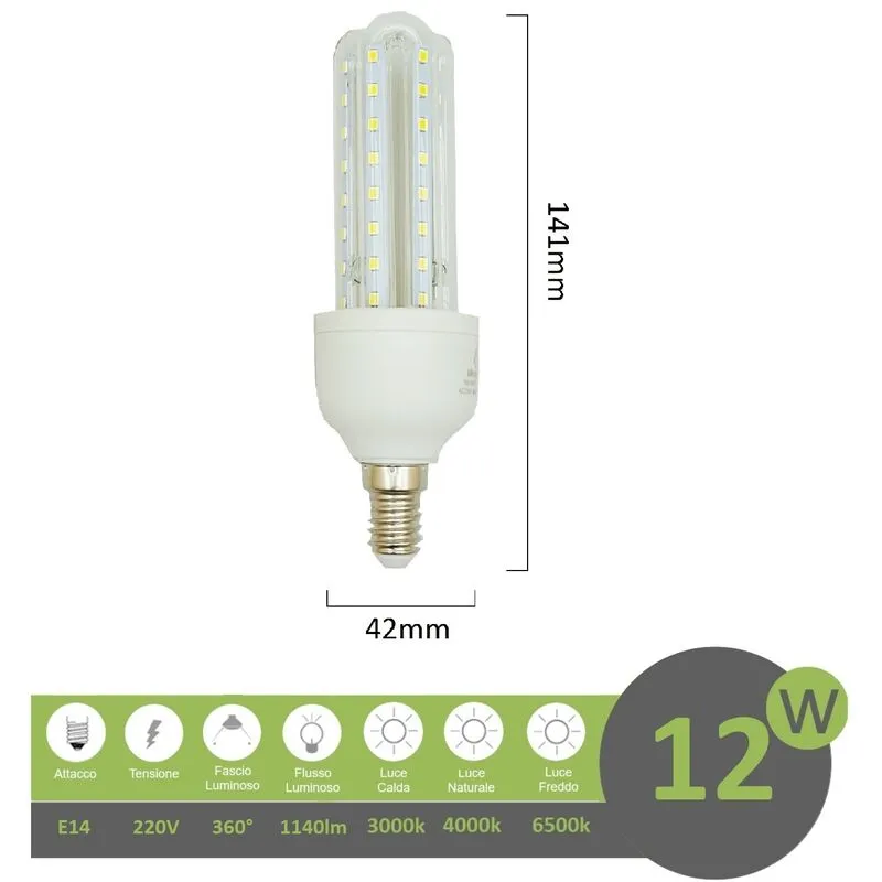 Mille Lucciole - Lampadina led E14 12w 3U luce tubolare tubo attacco piccolo lineare bianca naturale 4000k