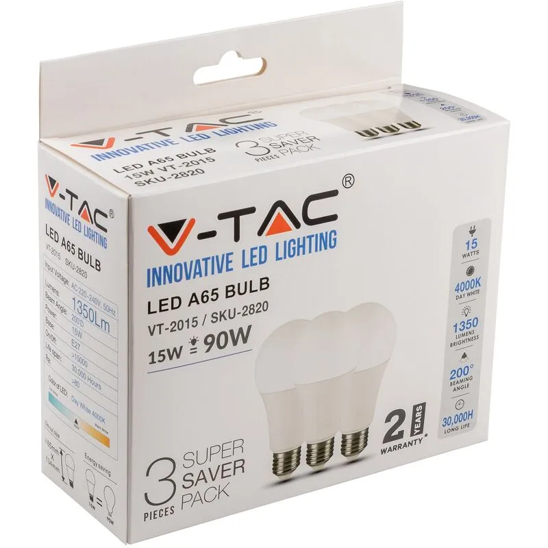 VT-2015 Box 3 Lampadine led E27 15W A65 Bianco naturale - 4000K - V-tac