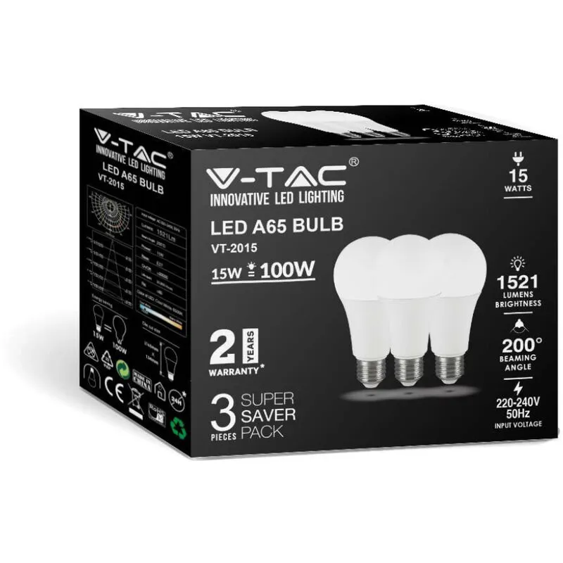 V-tac - Lampadina led Attacco E27 da 15W A65 Bianco Caldo (Box 3 pezzi)