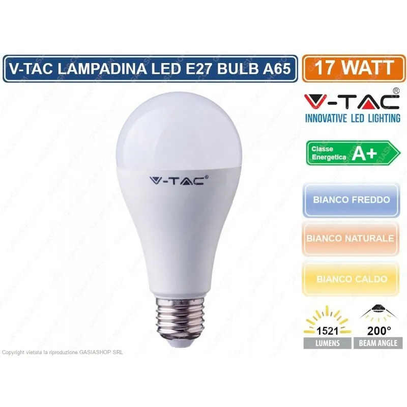  VT-2017 LAMPADINA LED E27 17W BULB A65 - SKU 4456 / 4457 / 4458 - Colore Luce: Bianco Naturale