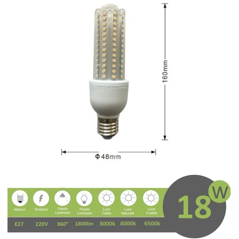 Universo - Lampadina led E27 18w 4U luce tubolare tubo attacco grande lineare bianca fredda naturale calda Naturale