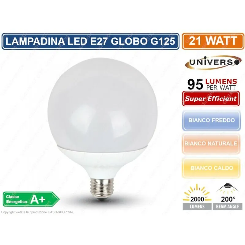 G125-09 lampadina led E27 21W globo G120 2000 lumen 3000K 4000K 6500K - Colore Luce: Bianco Freddo - Universo