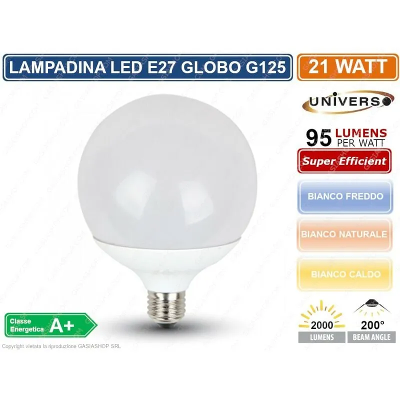 G125-09 lampadina led E27 21W globo G120 2000 lumen 3000K 4000K 6500K - Colore Luce: Bianco Naturale - Universo