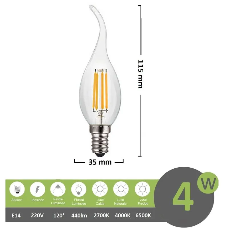 Lampadina led filamento fiamma 4w attacco piccolo E14 colpo di vento candela trasparente luce bianca naturale calda Bianco freddo