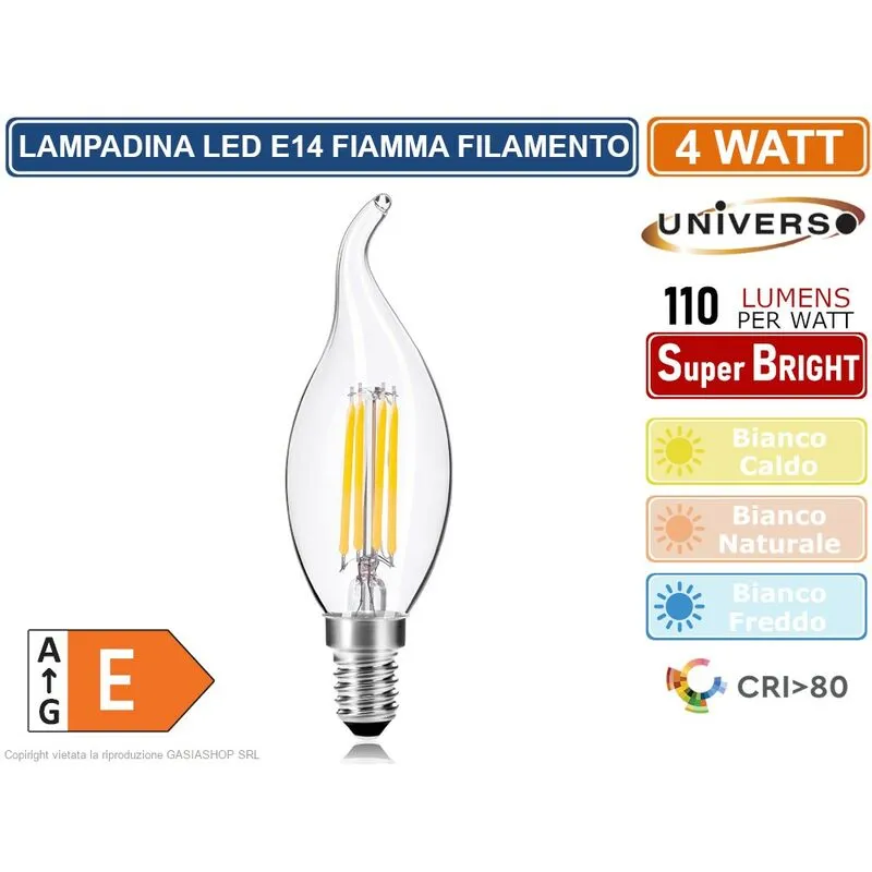 UNIVERSO C35A-T LAMPADINA LED FILAMENTO E14 4W CANDELA A FIAMMA - 3000K 4000K 6500K - Colore Luce: Bianco Caldo