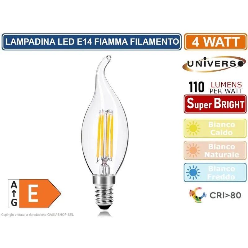 C35A-T lampadina led filamento E14 4W candela a fiamma - 3000K 4000K 6500K - Colore Luce: Bianco Freddo - Universo