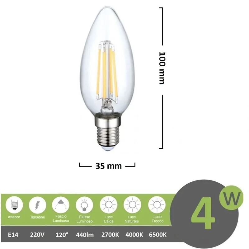 Lampadina led filamento oliva 4w attacco piccolo E14 trasparente luce calda fredda bianca a basso consumo Naturale