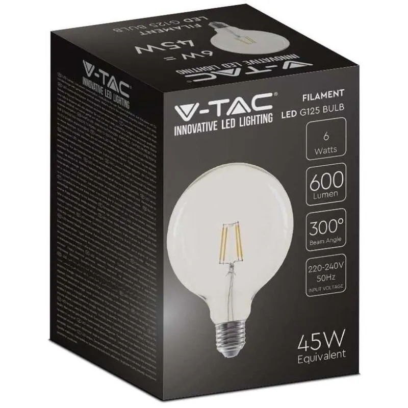 V-tac - VT-1983 Lampadina led Globo 6W trasparente filamento E27 G125 luce bianco caldo 3000K - 214304