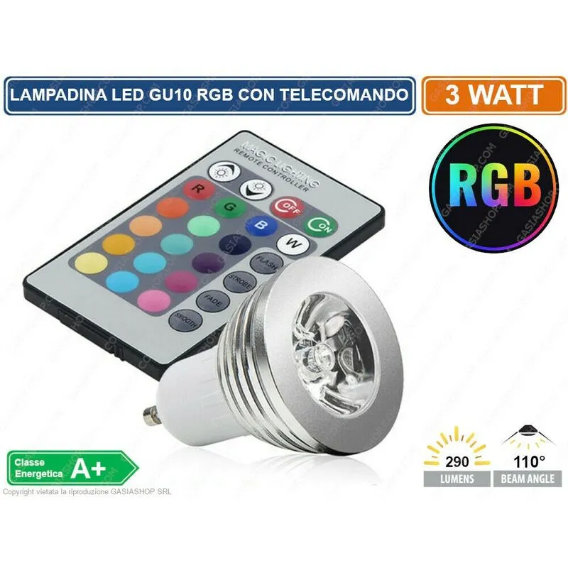 Lampadina Led Gu10 3w Faretto Spotlight 110° Rgb Con Telecomando Cromoterapia