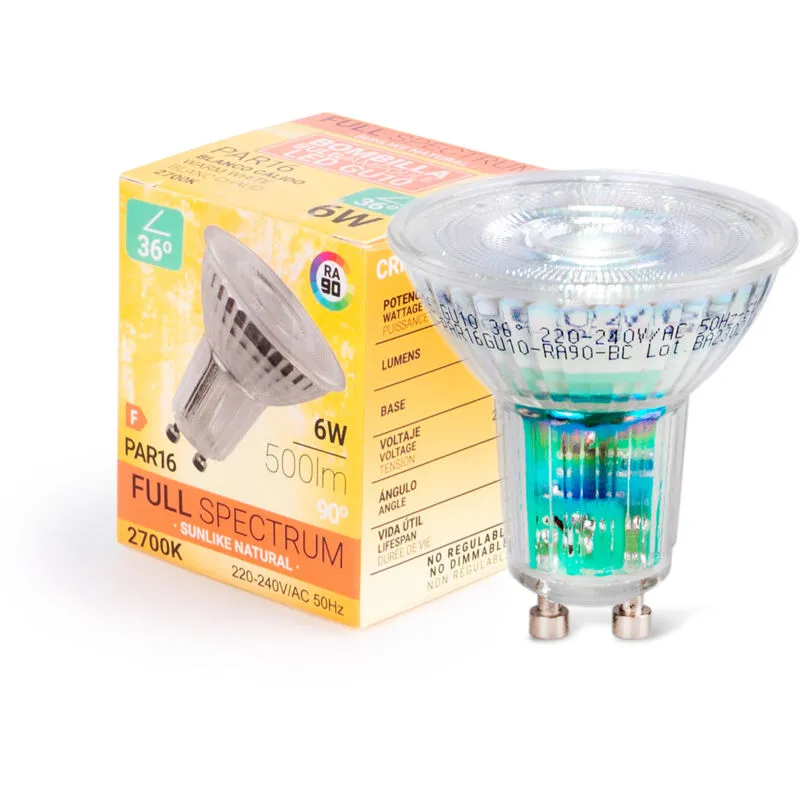 Lampadina led GU10 6W Full Spectrum 'sunlike' - Vetro - 500lm - - Bianco Caldo