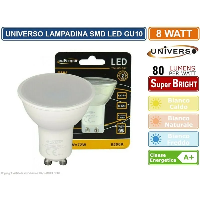 Lampadina led GU10 8W faretto spotlight chip smd 110° 620 lumen - Colore Luce: Bianco Caldo - Universo