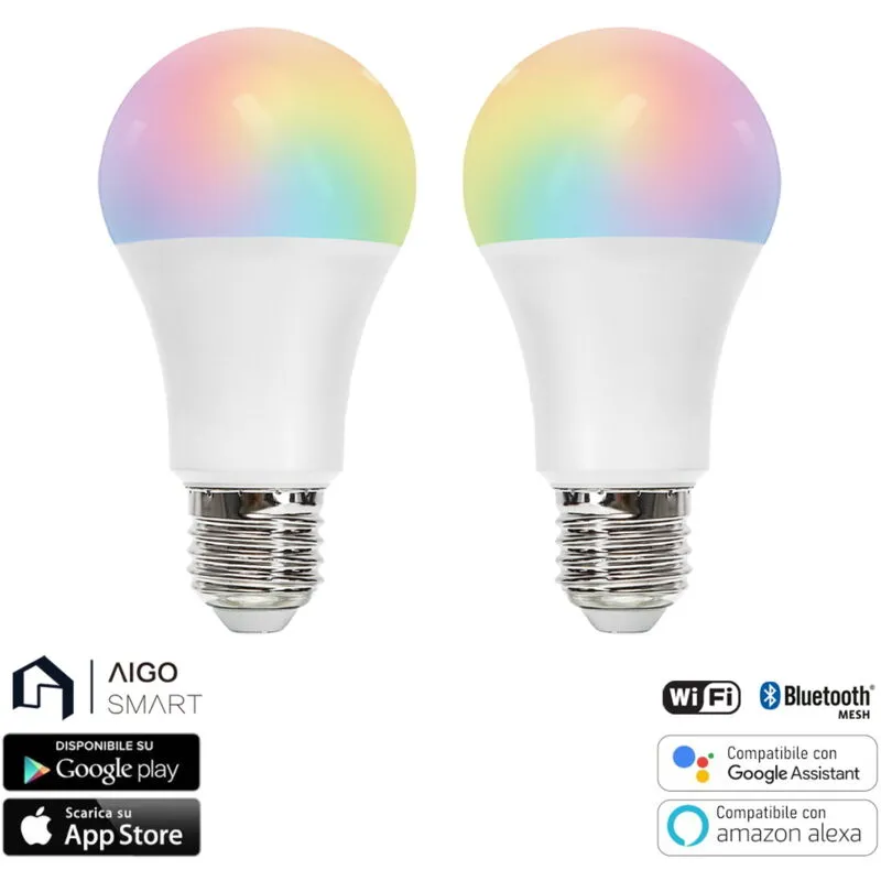 Lampadina Led Smart A60 E27 12W WiFi Bluetooth Mesh RGB CCT luce regolabile e dimmerabile confezione da 2pz Aigostar