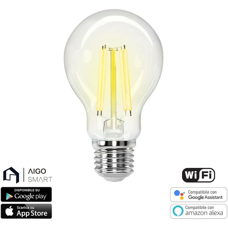 Lampadina Led a Filamento Smart A60 E27 6W WiFi CCT luce regolabile e dimmerabile Aigostar