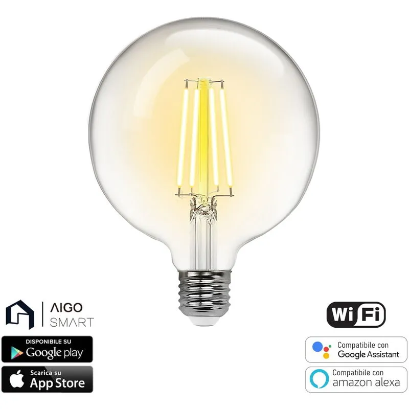 Lampadina Led a Filamento Smart G125 E27 6W WiFi cct luce regolabile e dimmerabile Aigostar