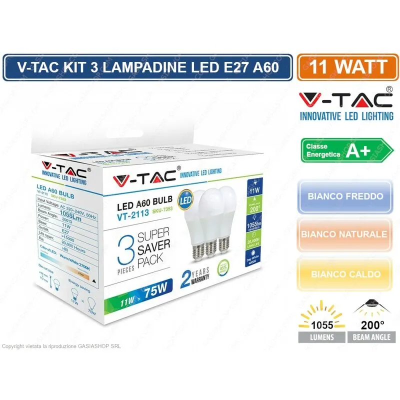 VT-2113 super saver pack confezione 3 lampadine led E27 11W bulb A60 - sku 7352 / 7353 / 7354 - Colore Luce: Bianco Caldo - V-tac