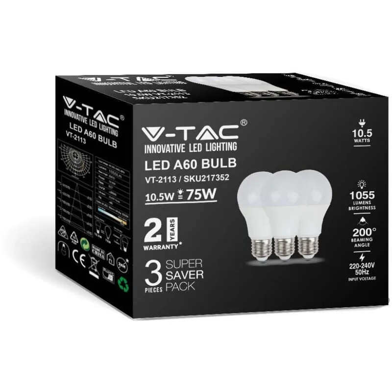 V-tac - Lampadina led E27 10,5W 100LM/W A60 Bianco Caldo (Box 3 pezzi)