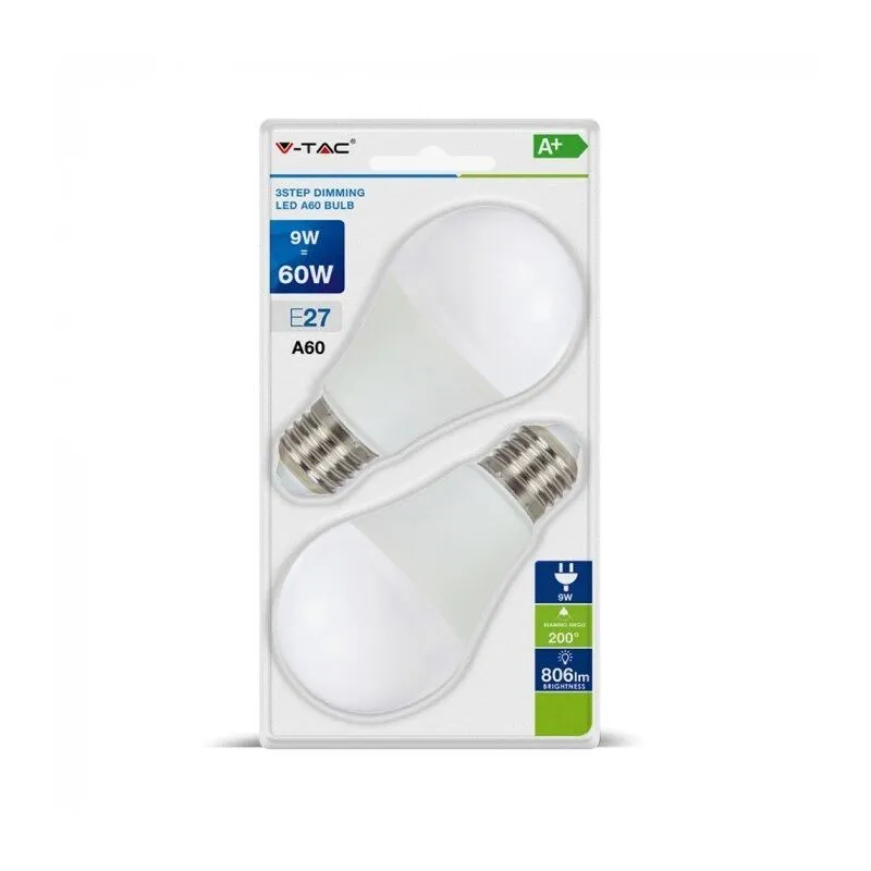  VT-2129 Blister da 2 Lampadine LED E27 9W A60 Dimmerabile 3 Step Bianco naturale - 4000K