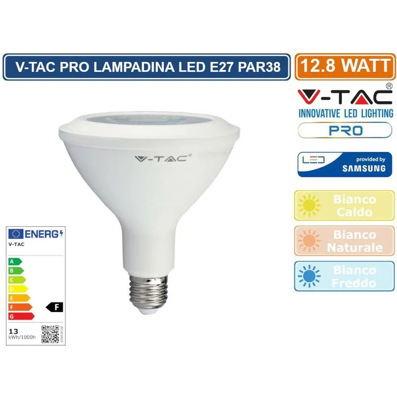 V-tac - pro VT-238 lampadina led E27 12,8W bulb par lamp PAR38 chip samsung - sku 21150 / 21151 / 21152 - Colore Luce: Bianco Caldo