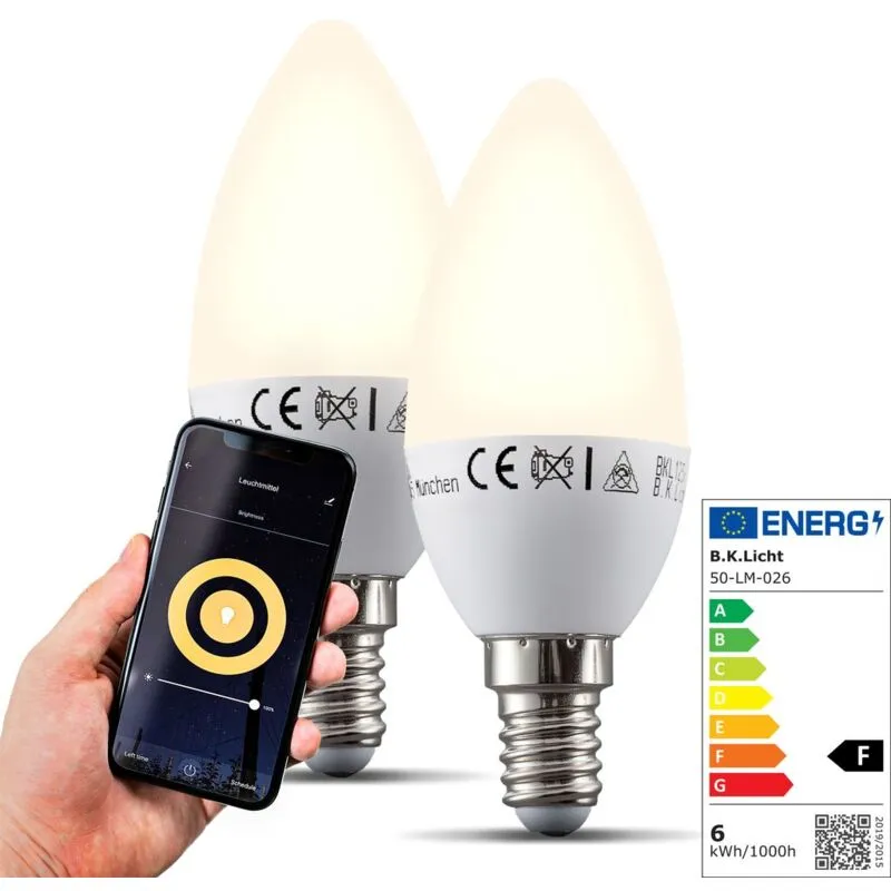 Lampadine led smart E14, set di 2, dimmerabili con lo smartphone, luce calda 2700K, funzionano con App per iOS e Android, Amazon Alexa, Google Home,