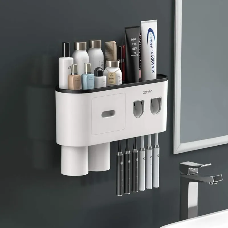 Doppio dispenser automatico di dentifricio con portaspazzolino, ampio organizer con 6 scomparti per spazzolino, cassetto portaoggetti per cosmetici