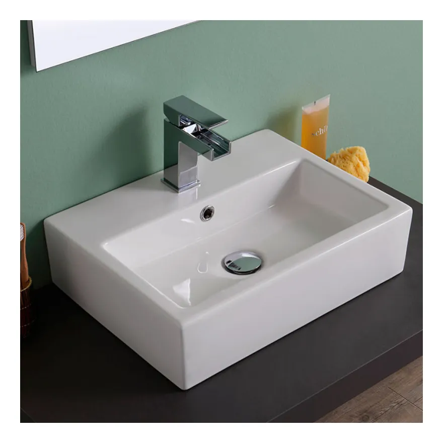 Lavabo da appoggio ceramica bianco rettangolare lavandino bagno 58x46x16 cm