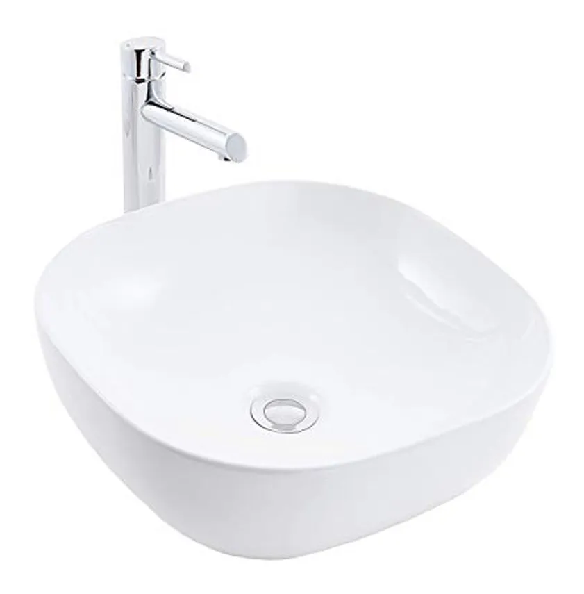 Lavabo da appoggio ceramica bianco quadrato tondeggiante 44x44x14 cm finitura- lucido - confezione 1