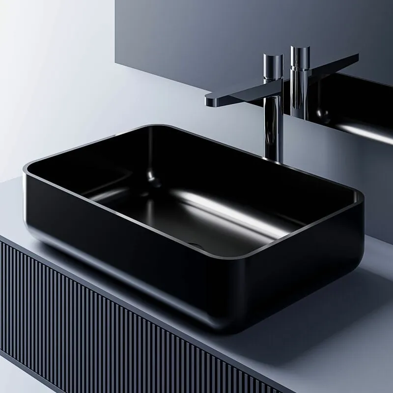  - Lavabo da appoggio PB2133 in fusione minerale - in bianco o nero - 54 x 36 x 13 cm senza coperchio supplementare, Nero (lucido)