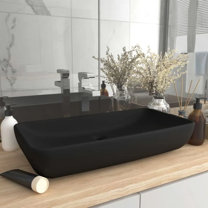 Bonnevie - Lavabo da Appoggio Lavandino moderno Lusso Rettangolare Nero Opaco 71x38 cm in Ceramica -98944 - Nero